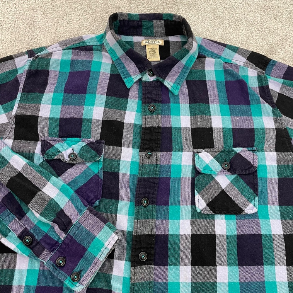Arizona Men XL Plaid Teal Purple Black Button-down Flannel Mens Lumberjack Fall